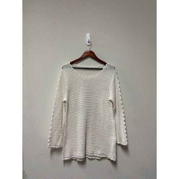 Westport 1X White Crochet Mini Sweater Dress Scalloped Boho Chic Vacation Top - Picture 2 of 9